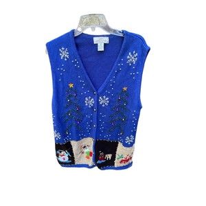 Lisa International Vintage Blue Knit Christmas Vest-Beaded-Embroidered-Bells 1X